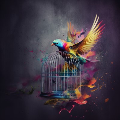 colorful bird breaking free from its cage