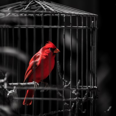 red bird breaking in a black cage