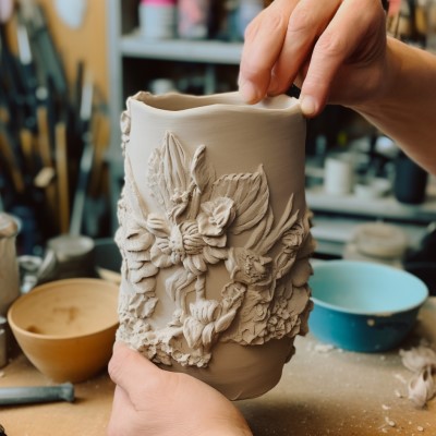 adult making an air dry clay pot