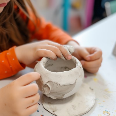 kindergarten child making an air dry clay pot