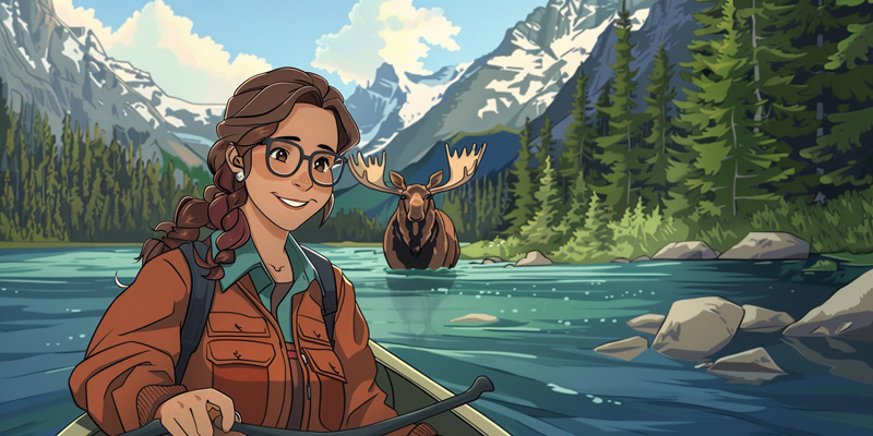 anime drawing of Leanne canoeing in the rockies