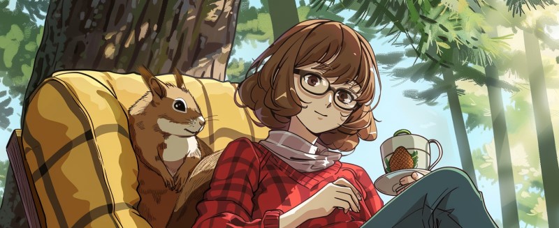 Leanne and a squirrel having a cup of tea