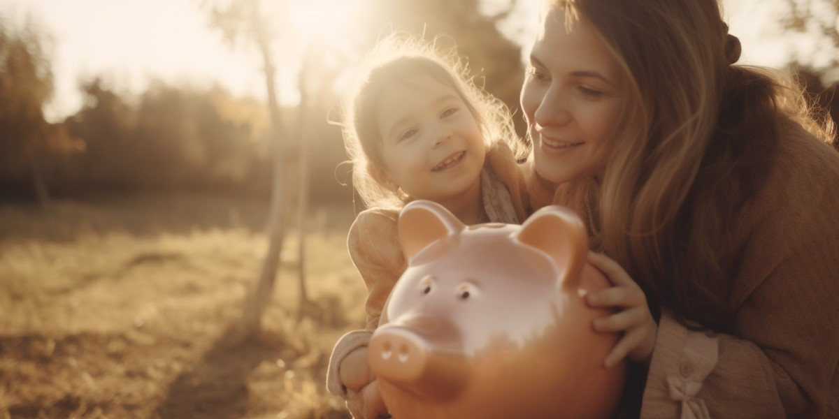mom, daughter and piggy bank